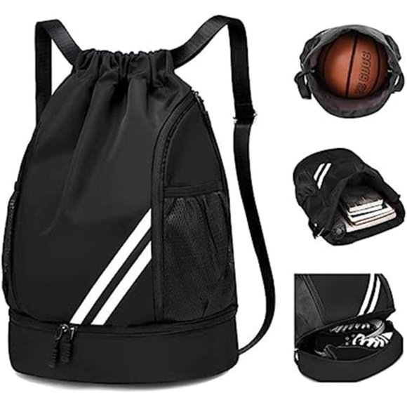 Unisex Drawstring Backpack Sports Gym Bag with Shoes Compartment (Black)